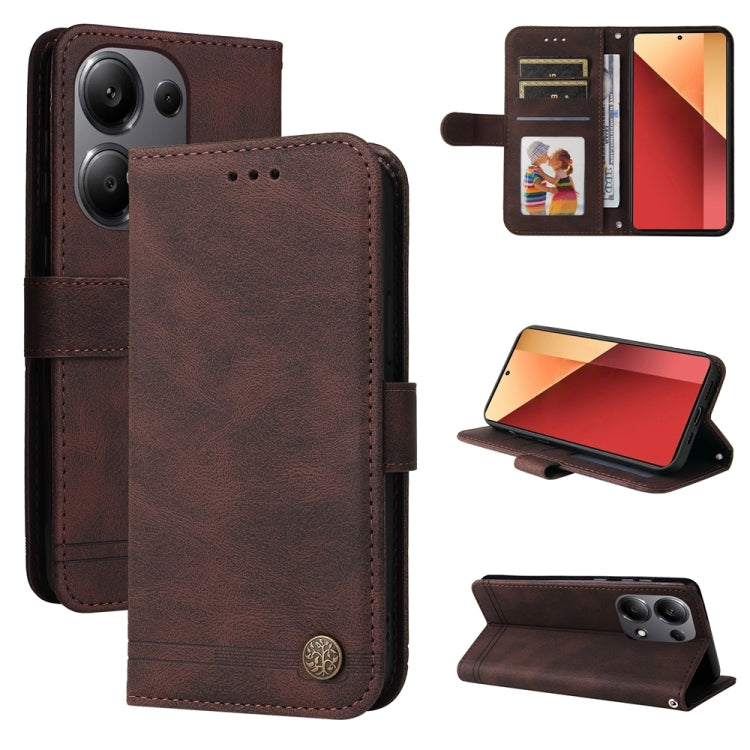 Brown leather phone case with card slots and metal button, includes kickstand cover.