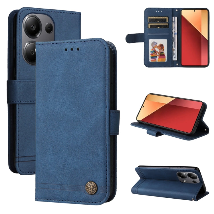 Blue leather phone case with card slots and metal button, includes kickstand cover.