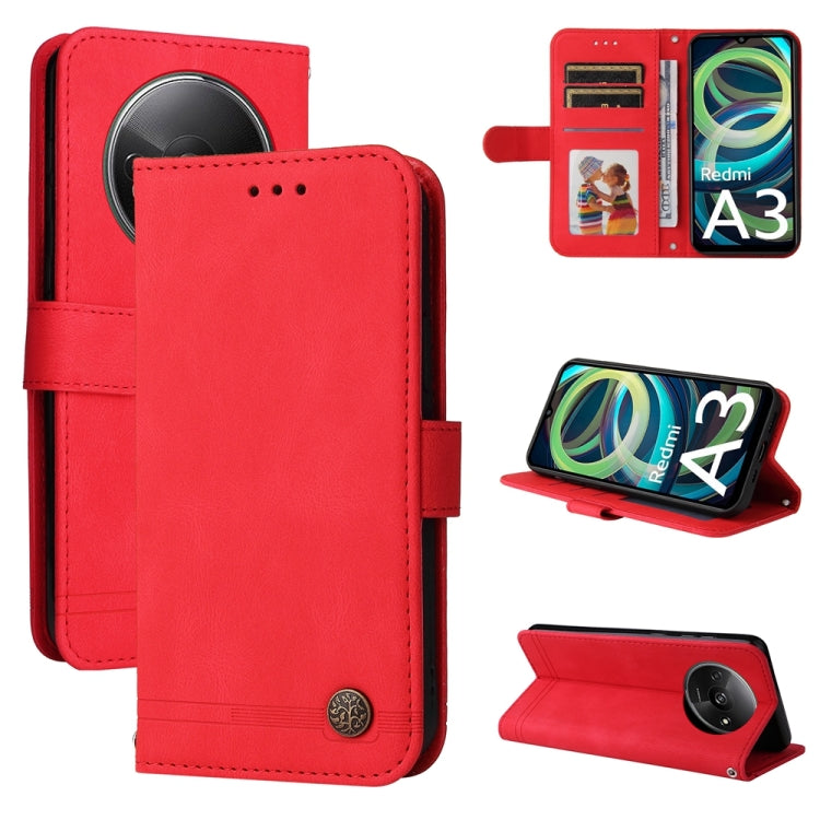 Red leather flip phone case with card slots, metal button, and stand cover.