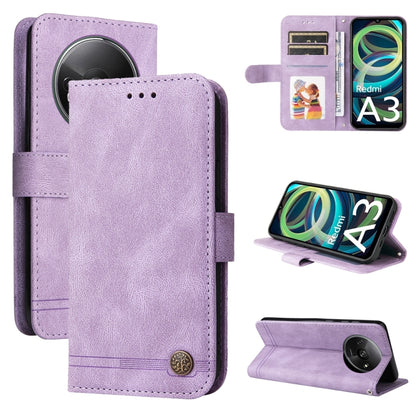 Purple leather flip phone case with card slots, metal button, and stand cover.