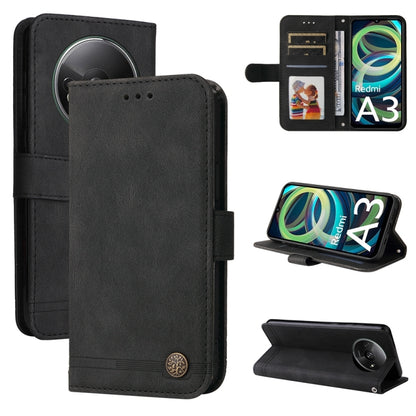 Black leather flip phone case with card slots, metal button, and stand cover.