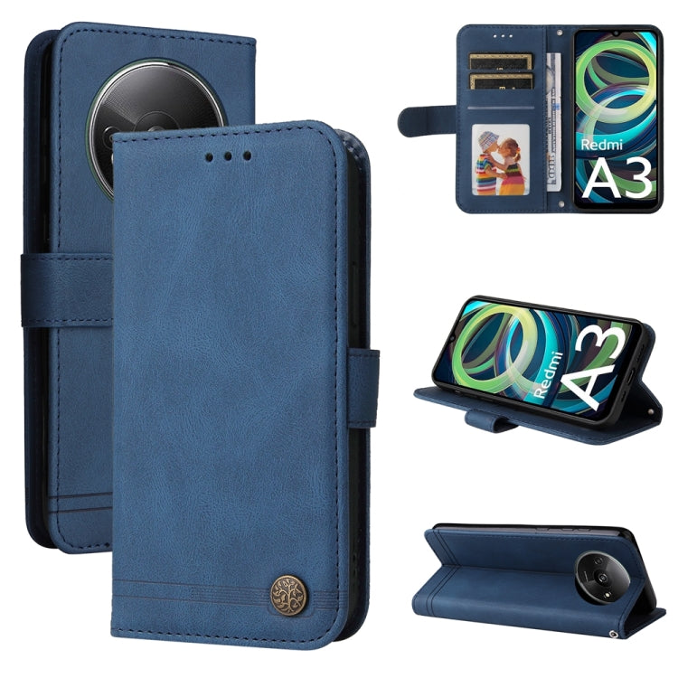 Blue leather flip phone case with card slots, metal button, and stand cover.