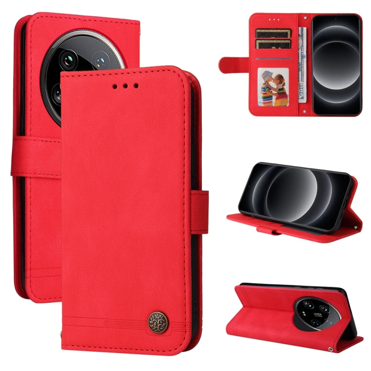 Red leather wallet phone case with flip cover, metal button, and card slots