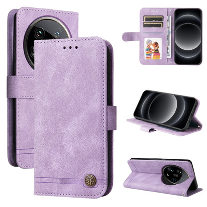 Purple leather wallet phone case with flip cover, metal button, and card slots