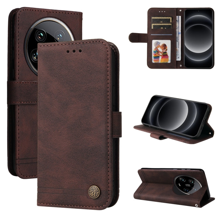 Brown leather wallet phone case with flip cover, metal button, and card slots