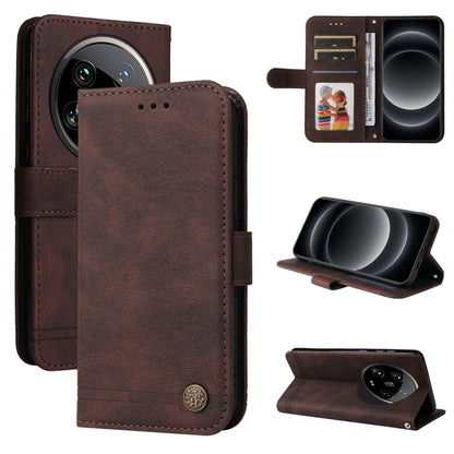 Brown leather wallet phone case with flip cover, metal button, and card slots