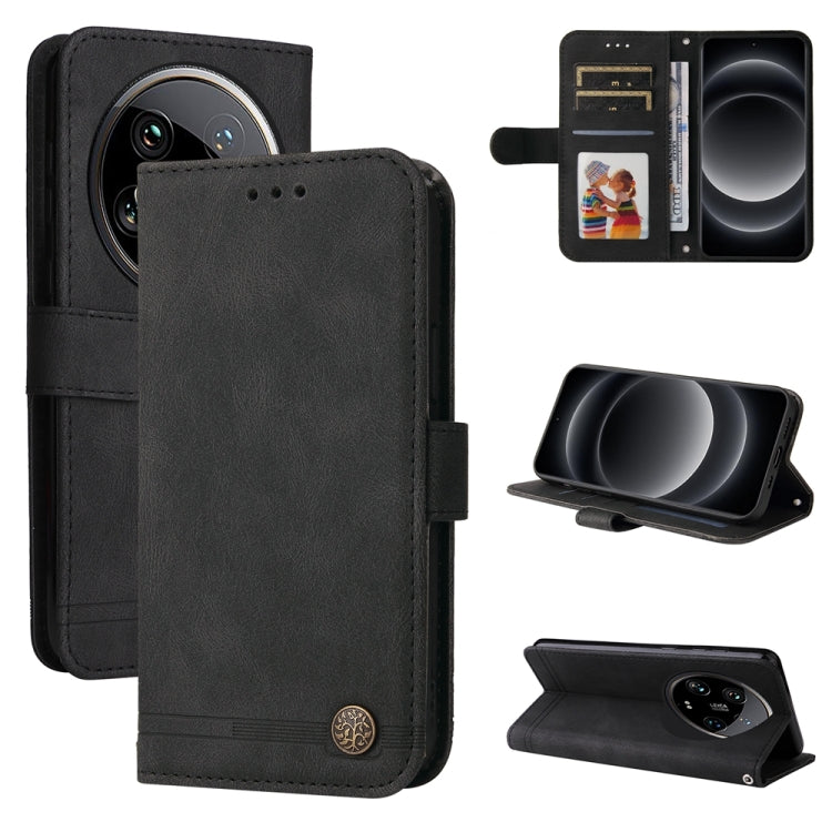 Black leather wallet phone case with flip cover, metal button, and card slots
