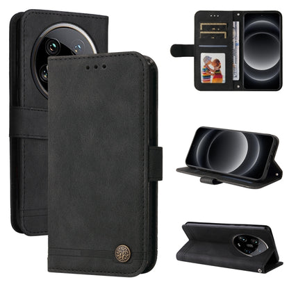 Black leather wallet phone case with flip cover, metal button, and card slots