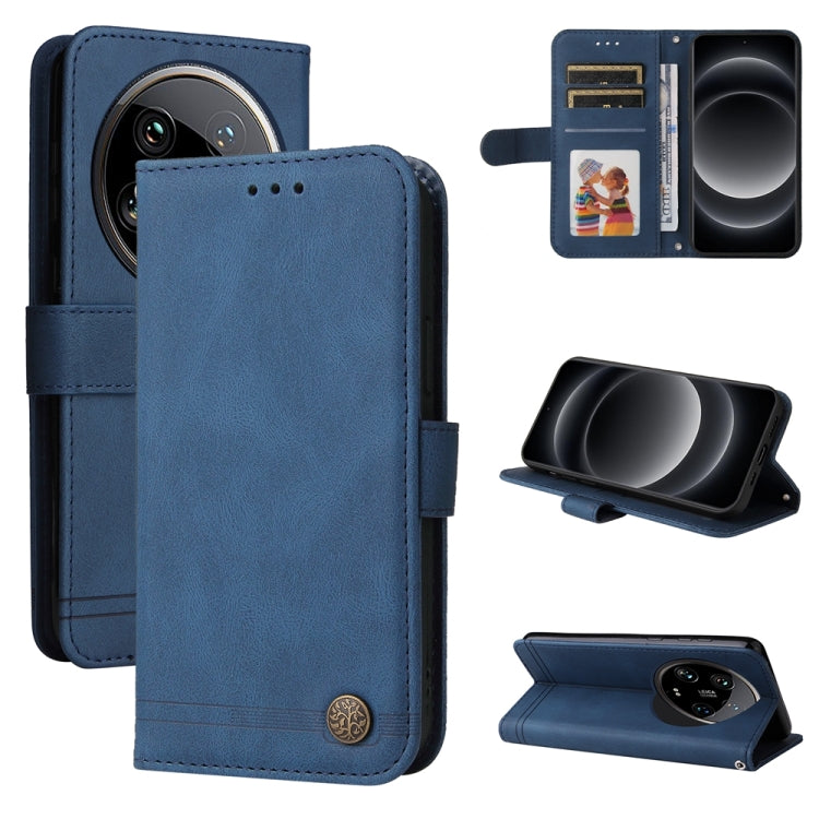 Blue leather wallet phone case with flip cover, metal button, and card slots