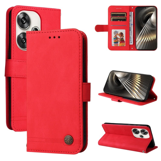 Red leather folio phone case with metal button, card slots, and stand cover