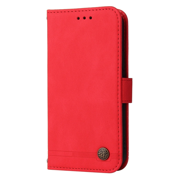 Red leather folio phone case with metal button and card slot panel