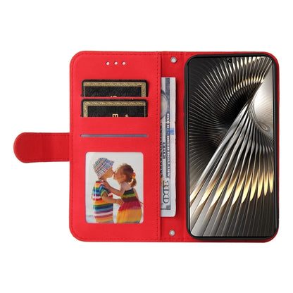 Red leather folio phone case open view with card slots and ID window
