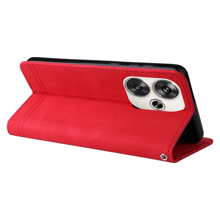 Red leather folio phone case with flip stand and dual camera cutouts