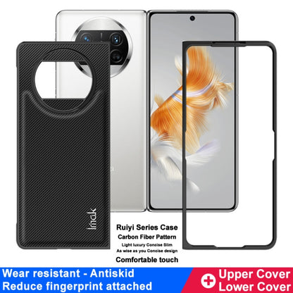 Carbon fiber phone case set with camera cutout for foldable-style device, dark gray.