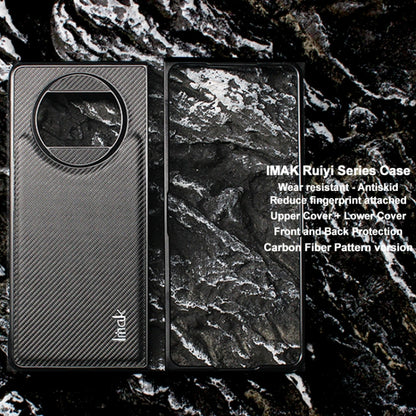 Carbon fiber pattern phone case with front cover and back cover, dark gray.