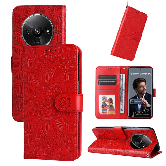 Red embossed sunflower leather wallet phone case with card holder and stand