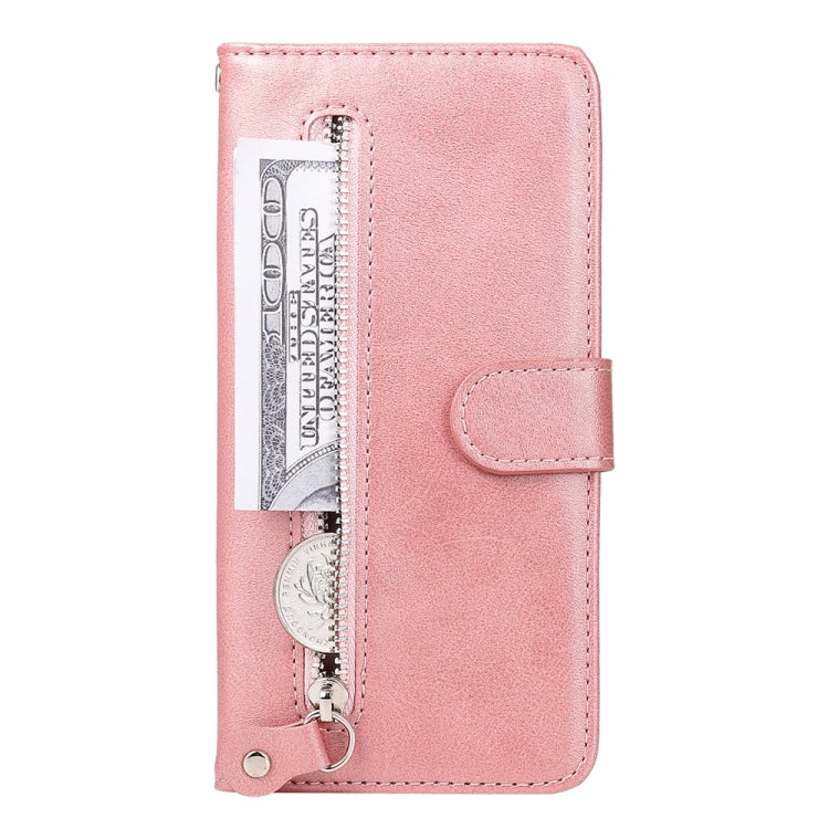 Rose gold textured leather phone case with flip cover, card pocket, and zipper pull