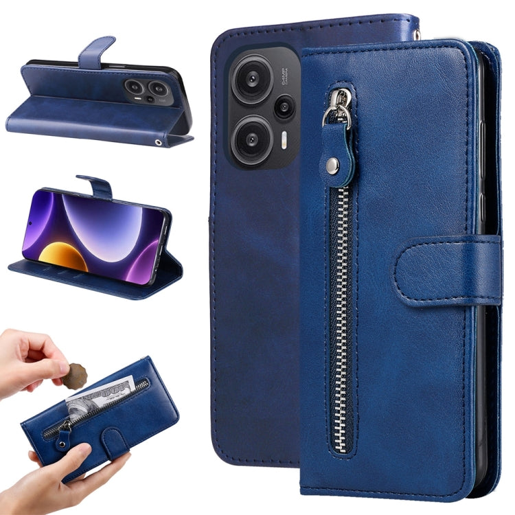 Blue textured leather wallet phone case with flip cover and vertical zipper on back