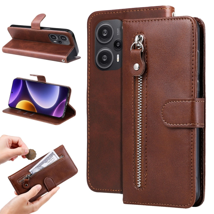 Brown calf-texture leather phone case with zippered pocket and card-holder flap
