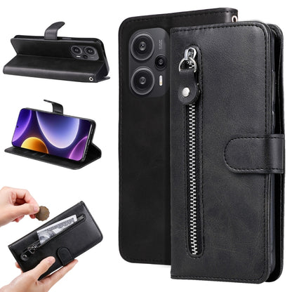 Black calf-texture leather phone case with zippered pocket and side card slot