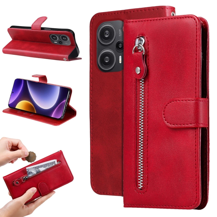 Red calf-texture leather phone case with zippered pocket and card-holder strap