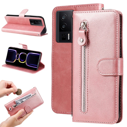 Pink calf-texture leather phone case with zippered pocket and folio stand