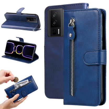 Blue calf-texture leather phone case with zippered pocket and card-holder strap
