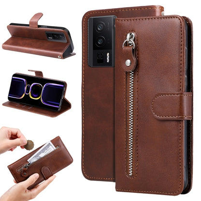 Brown calf-texture leather phone case with zippered pocket and flip-stand cover