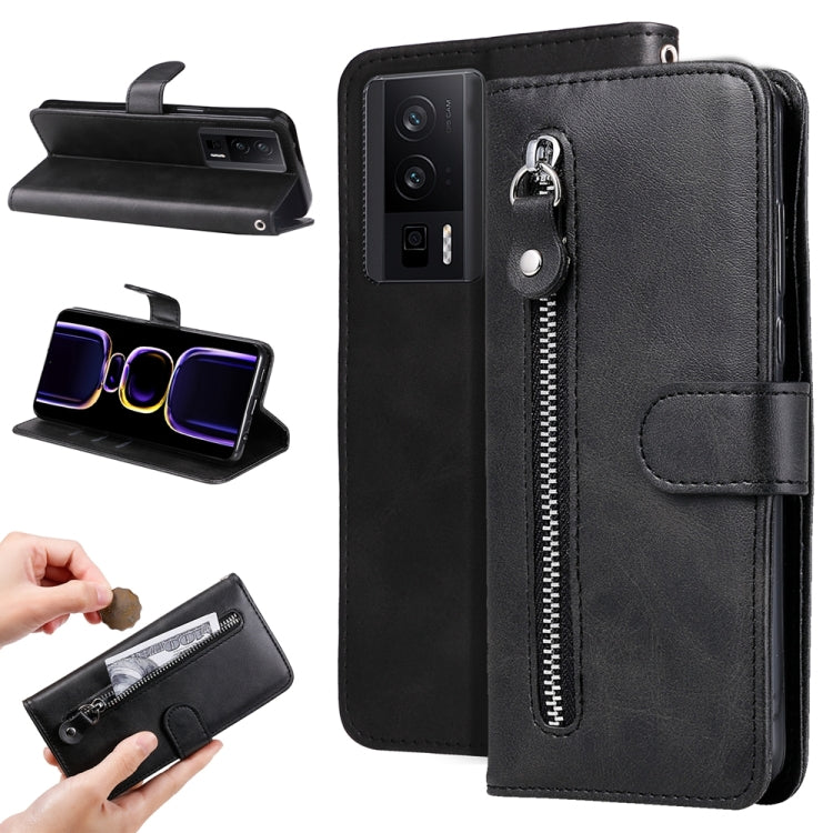 Black calf-texture leather phone case with zippered pocket and folio kickstand