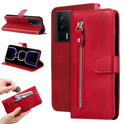 Red calf-texture leather phone case with zipper, card slot, and side flip stand