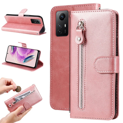 Rose gold calf-texture leather phone case with zipper, card slot, and side flip stand