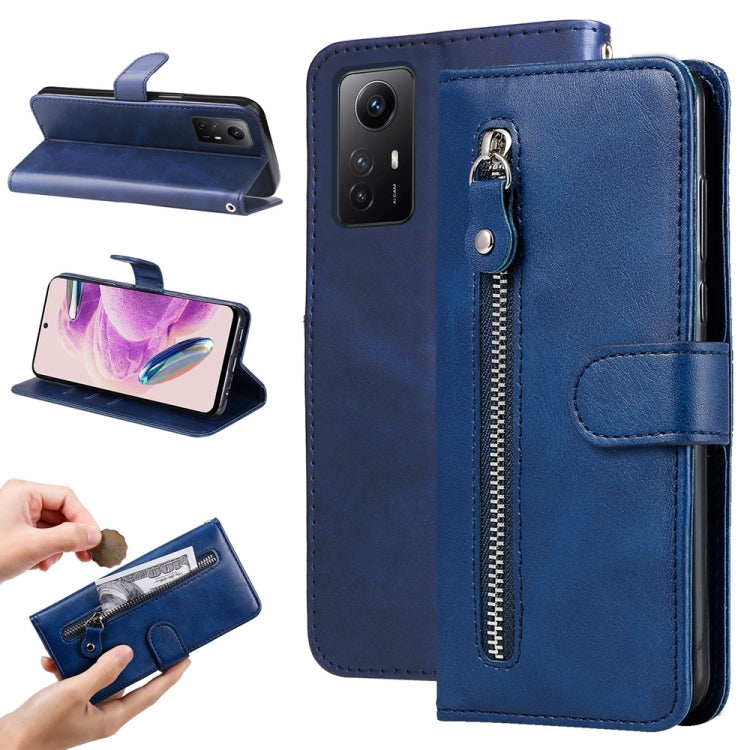 Blue calf-texture leather phone case with zipper, card slot, and side flip stand