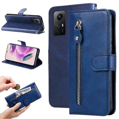 Blue calf-texture leather phone case with zipper, card slot, and side flip stand