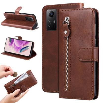 Brown calf-texture leather phone case with zipper, card slot, and side flip stand