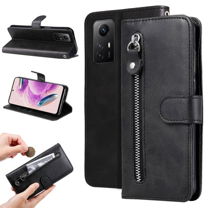 Black calf-texture leather phone case with zipper, card slot, and side flip stand