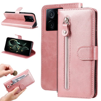 Rose gold textured leather folio phone case with vertical zipper, card slot, and flap