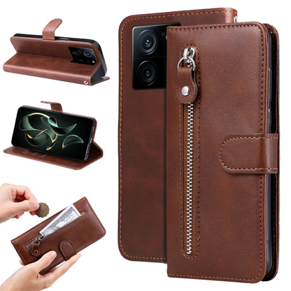 Brown calf-texture leather phone case with zippered pocket and folio stand