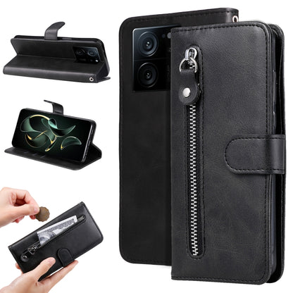 Black calf-texture leather phone case with zippered pocket and folio stand