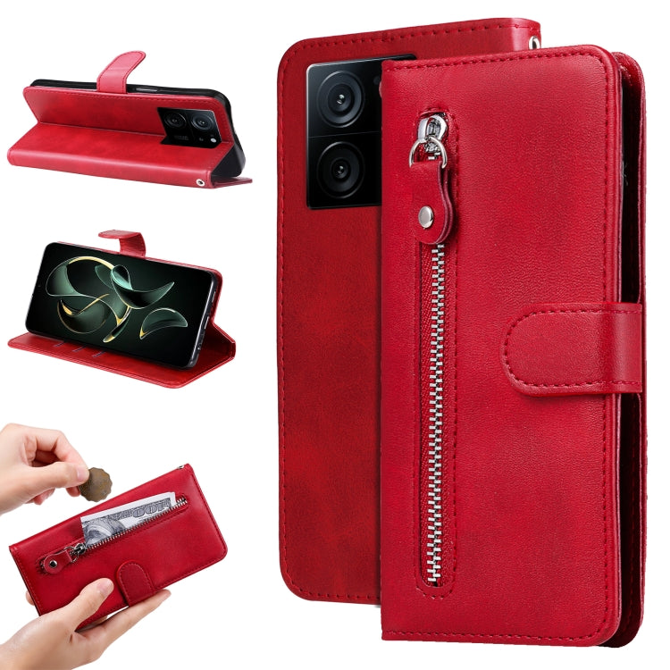 Red calf-texture leather phone case with zippered pocket and folio stand