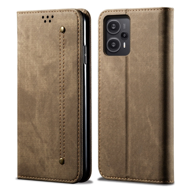 Denim-textured khaki flip phone case, front and back with camera cutout and stitched panel