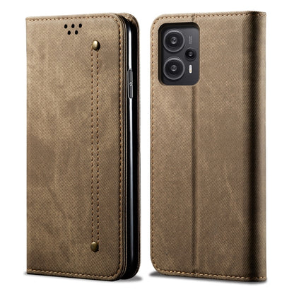 Denim-textured khaki flip phone case, front and back with camera cutout and stitched panel
