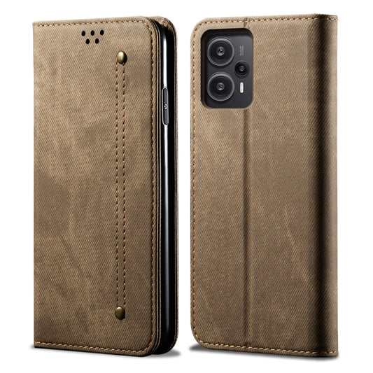 Denim-textured khaki flip phone case, front and back with camera cutout and stitched panel