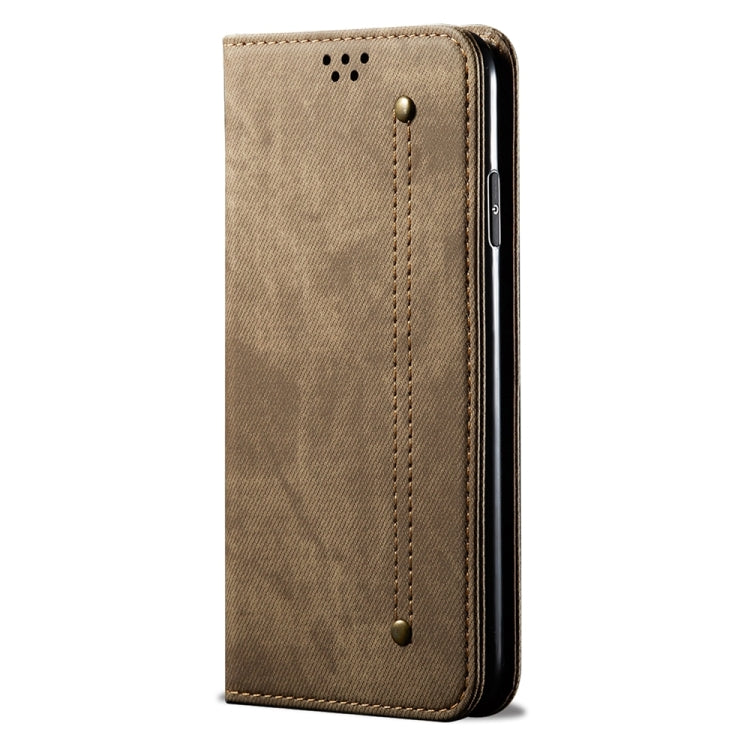 Denim-textured khaki flip phone case, slim side profile with snap button detail