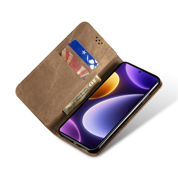 Denim-textured brown flip phone case with card slots and open cover holding a phone