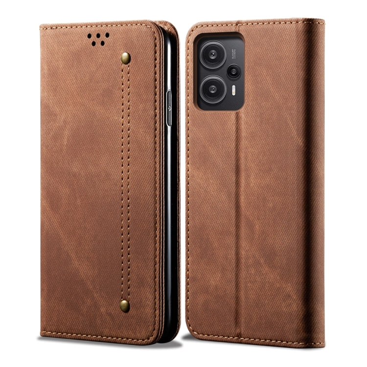 Denim-textured brown flip phone case, front and back view with camera cutout