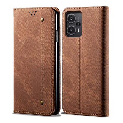 Denim-textured brown flip phone case, front and back view with camera cutout