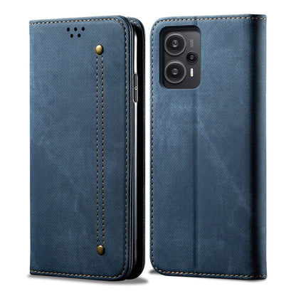 Denim-textured blue flip phone case, front and back with camera cutout and stitched panel