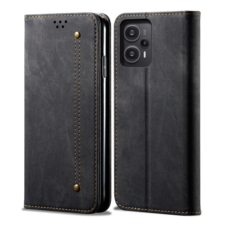 Denim-textured dark gray flip phone case, front and back with camera cutout