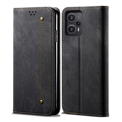 Denim-textured dark gray flip phone case, front and back with camera cutout