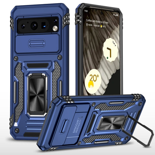 Rugged navy blue phone case with camera shield and built-in screen protection ring stand